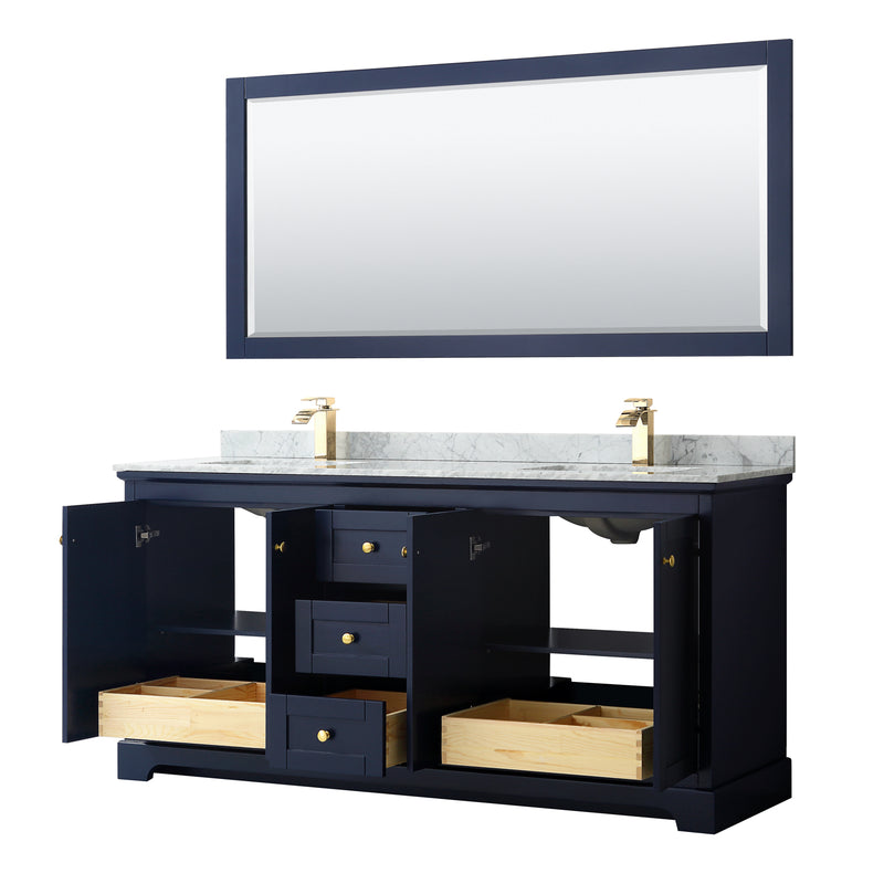 Wyndham Avery 72" Double Bathroom Vanity In Dark Blue White Carrara Marble Countertop Undermount Square Sinks and 70" Mirror WCV232372DBLCMUNSM70