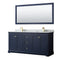 Wyndham Avery 72" Double Bathroom Vanity In Dark Blue White Carrara Marble Countertop Undermount Square Sinks And 70" Mirror WCV232372DBLCMUNSM70