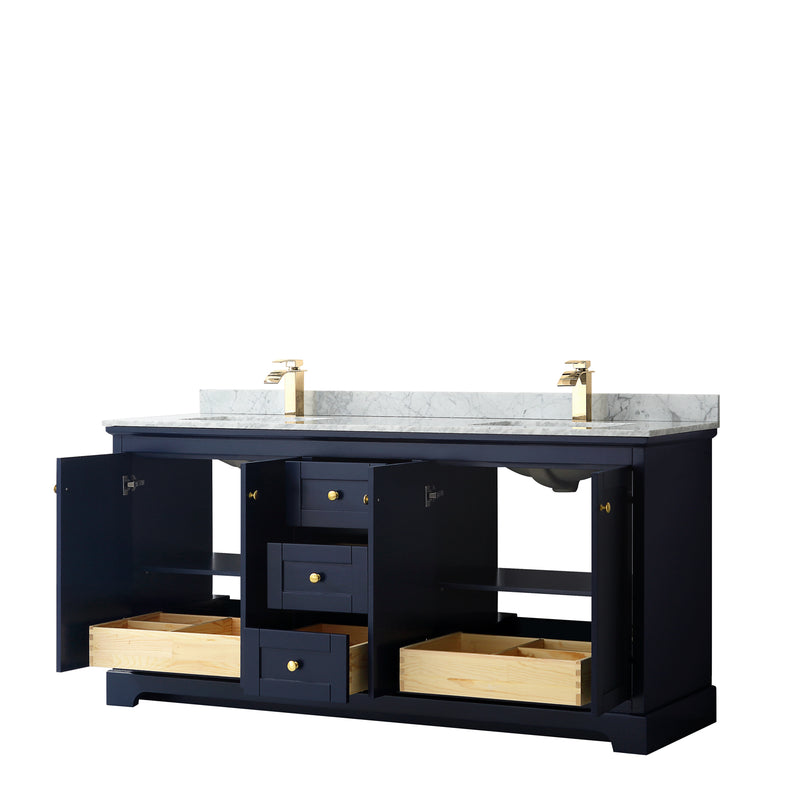 Wyndham Avery 72" Double Bathroom Vanity In Dark Blue White Carrara Marble Countertop Undermount Square Sinks and No Mirror WCV232372DBLCMUNSMXX