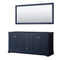 Wyndham Avery 72" Double Bathroom Vanity In Dark Blue No Countertop No Sinks And 70" Mirror WCV232372DBLCXSXXM70