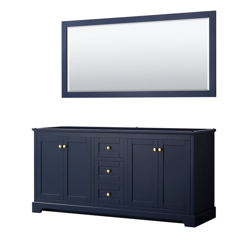 Wyndham Avery 72" Double Bathroom Vanity In Dark Blue No Countertop No Sinks And 70" Mirror WCV232372DBLCXSXXM70