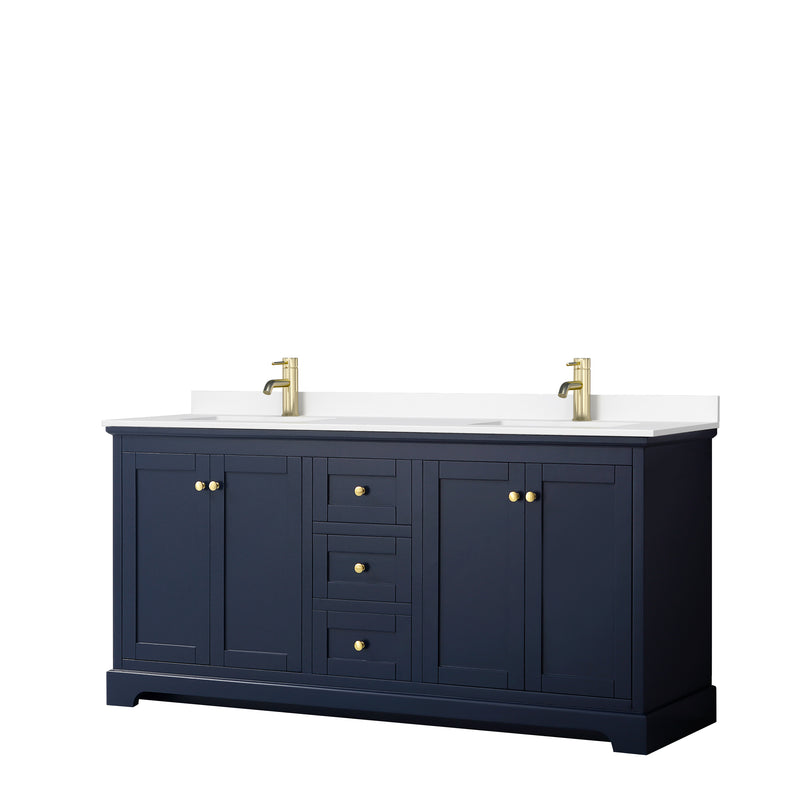 Wyndham Avery 72" Double Bathroom Vanity In Dark Blue White Cultured Marble Countertop Undermount Square Sinks And No Mirror WCV232372DBLWCUNSMXX