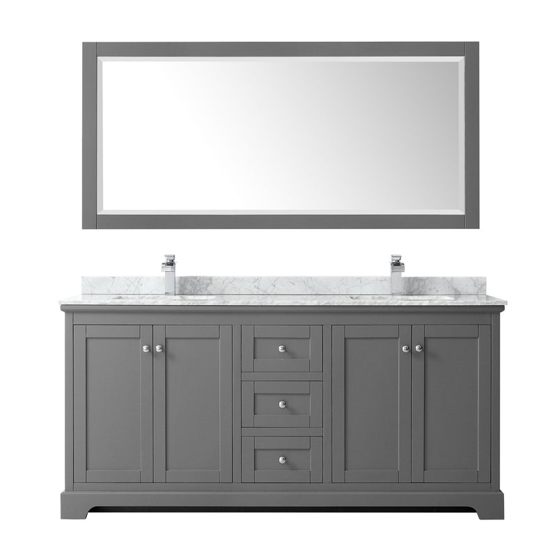 Wyndham Avery 72" Double Bathroom Vanity In Dark Gray White Carrara Marble Countertop Undermount Square Sinks and 70" Mirror WCV232372DKGCMUNSM70