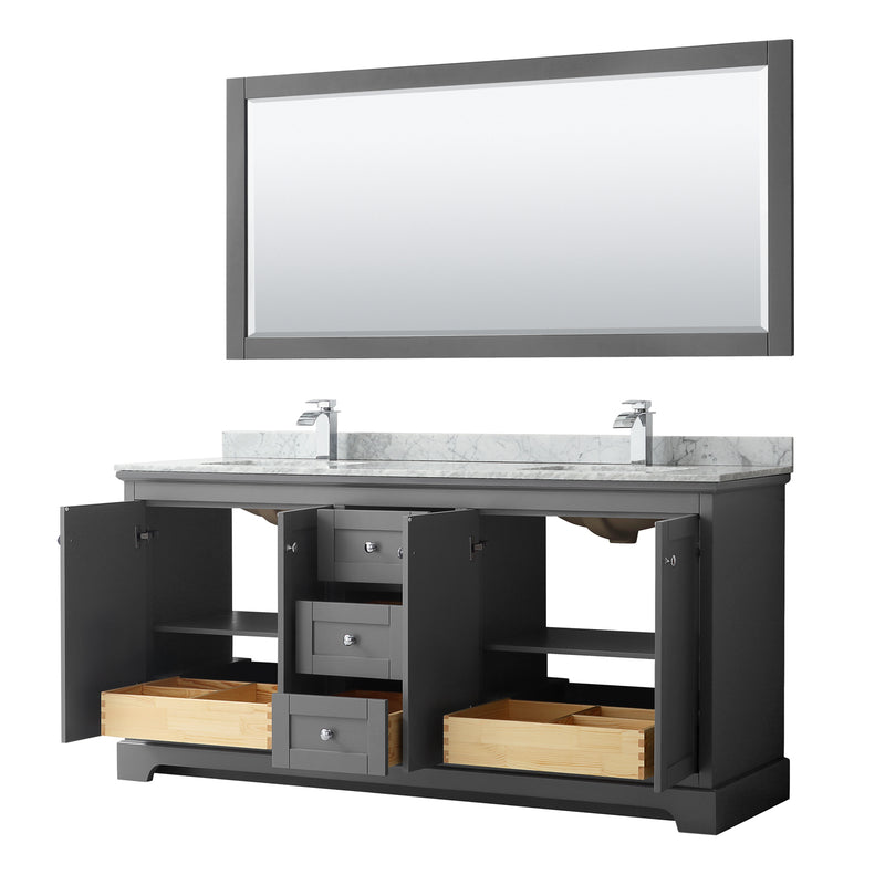 Wyndham Avery 72" Double Bathroom Vanity In Dark Gray White Carrara Marble Countertop Undermount Square Sinks and 70" Mirror WCV232372DKGCMUNSM70