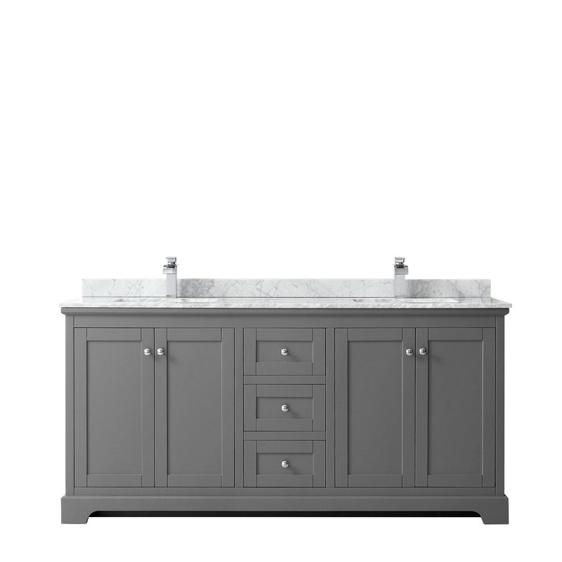 Wyndham Avery 72" Double Bathroom Vanity In Dark Gray White Carrara Marble Countertop Undermount Square Sinks and No Mirror WCV232372DKGCMUNSMXX