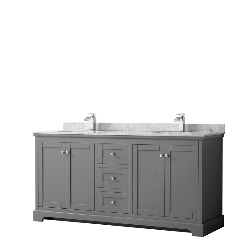 Wyndham Avery 72" Double Bathroom Vanity In Dark Gray White Carrara Marble Countertop Undermount Square Sinks And No Mirror WCV232372DKGCMUNSMXX