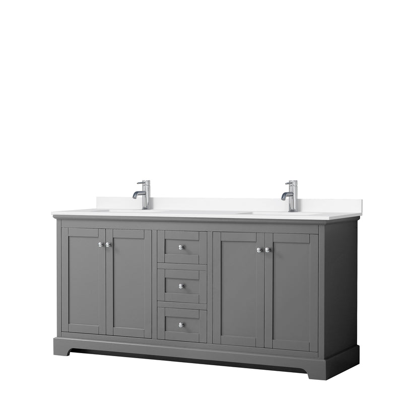 Wyndham Avery 72" Double Bathroom Vanity In Dark Gray White Cultured Marble Countertop Undermount Square Sinks And No Mirror WCV232372DKGWCUNSMXX