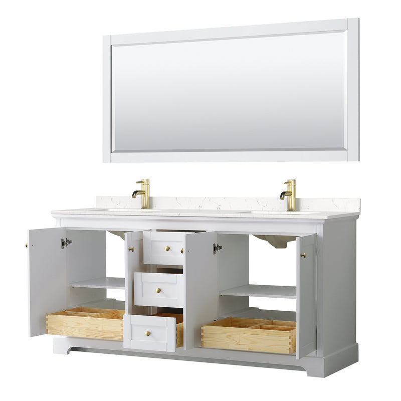 Wyndham Avery 72" Double Bathroom Vanity In White Light-Vein Carrara Cultured Marble Countertop Undermount Square Sinks Brushed Gold Trims and No Mirror WCV232372DWGC2UNSMXX