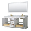 Wyndham Avery 72" Double Bathroom Vanity In White White Carrara Marble Countertop Undermount Oval Sinks Brushed Gold Trims and 70" Mirror WCV232372DWGCMUNOM70