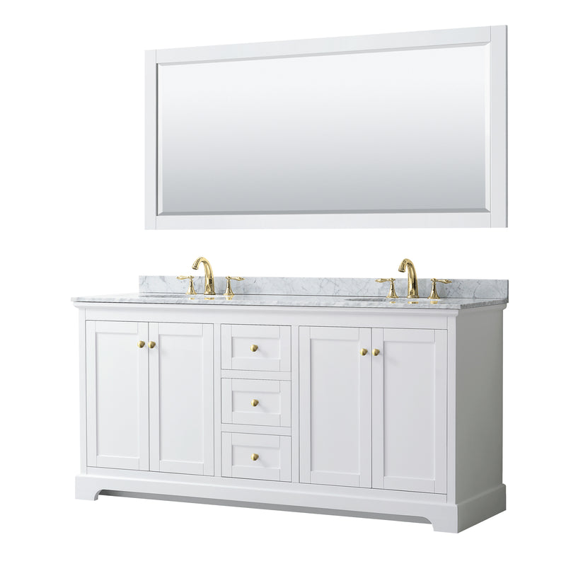 Wyndham Avery 72" Double Bathroom Vanity In White White Carrara Marble Countertop Undermount Oval Sinks Brushed Gold Trims And 70" Mirror WCV232372DWGCMUNOM70