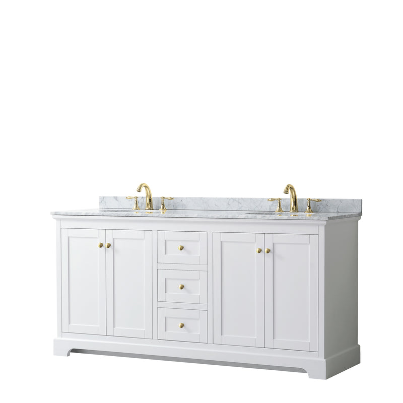 Wyndham Avery 72" Double Bathroom Vanity In White White Carrara Marble Countertop Undermount Oval Sinks Brushed Gold Trims And No Mirror WCV232372DWGCMUNOMXX