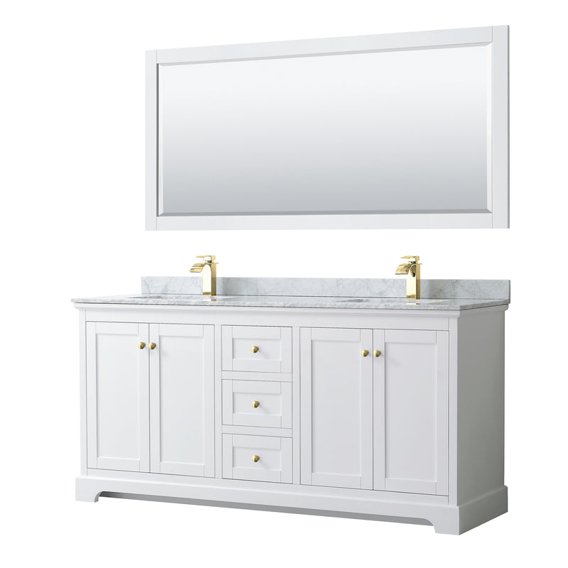 Wyndham Avery 72" Double Bathroom Vanity In White White Carrara Marble Countertop Undermount Square Sinks Brushed Gold Trims And 70" Mirror WCV232372DWGCMUNSM70