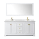 Wyndham Avery 72" Double Bathroom Vanity In White White Cultured Marble Countertop Undermount Square Sinks Brushed Gold Trims and 70" Mirror WCV232372DWGWCUNSM70