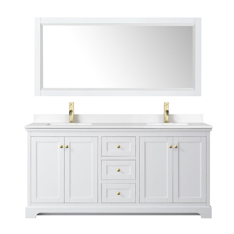 Wyndham Avery 72" Double Bathroom Vanity In White White Cultured Marble Countertop Undermount Square Sinks Brushed Gold Trims and 70" Mirror WCV232372DWGWCUNSM70