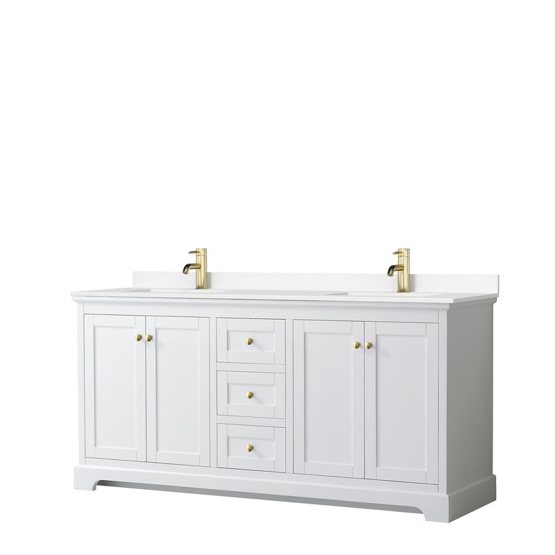 Wyndham Avery 72" Double Bathroom Vanity In White White Cultured Marble Countertop Undermount Square Sinks Brushed Gold Trims And No Mirror WCV232372DWGWCUNSMXX