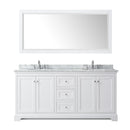 Wyndham Avery 72" Double Bathroom Vanity In White White Carrara Marble Countertop Undermount Oval Sinks and 70" Mirror WCV232372DWHCMUNOM70