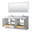 Wyndham Avery 72" Double Bathroom Vanity In White White Carrara Marble Countertop Undermount Oval Sinks and 70" Mirror WCV232372DWHCMUNOM70