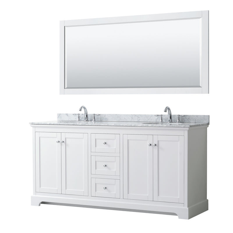 Wyndham Avery 72" Double Bathroom Vanity In White White Carrara Marble Countertop Undermount Oval Sinks And 70" Mirror WCV232372DWHCMUNOM70