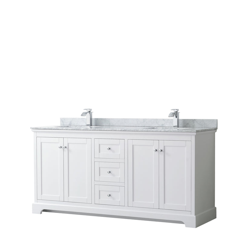 Wyndham Avery 72" Double Bathroom Vanity In White White Carrara Marble Countertop Undermount Square Sinks And No Mirror WCV232372DWHCMUNSMXX