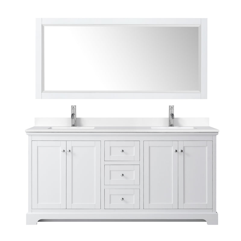 Wyndham Avery 72" Double Bathroom Vanity In White White Cultured Marble Countertop Undermount Square Sinks and 70" Mirror WCV232372DWHWCUNSM70