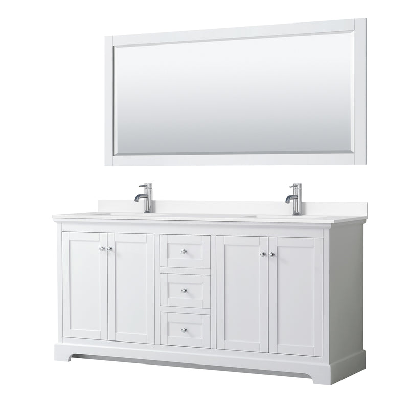 Wyndham Avery 72" Double Bathroom Vanity In White White Cultured Marble Countertop Undermount Square Sinks And 70" Mirror WCV232372DWHWCUNSM70