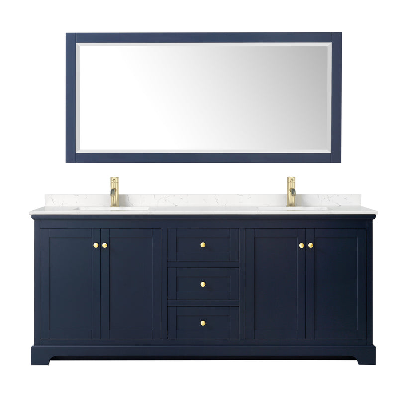 Wyndham Avery 80" Double Bathroom Vanity In Dark Blue Light-Vein Carrara Cultured Marble Countertop Undermount Square Sinks and 70" Mirror WCV232380DBLC2UNSM70