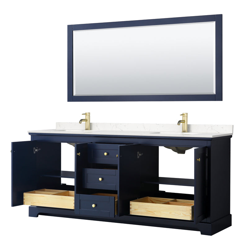 Wyndham Avery 80" Double Bathroom Vanity In Dark Blue Light-Vein Carrara Cultured Marble Countertop Undermount Square Sinks and No Mirror WCV232380DBLC2UNSMXX