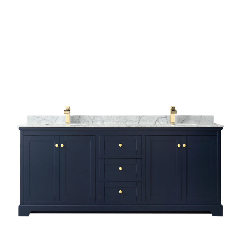 Wyndham Avery 80" Double Bathroom Vanity In Dark Blue White Carrara Marble Countertop Undermount Square Sinks and No Mirror WCV232380DBLCMUNSMXX