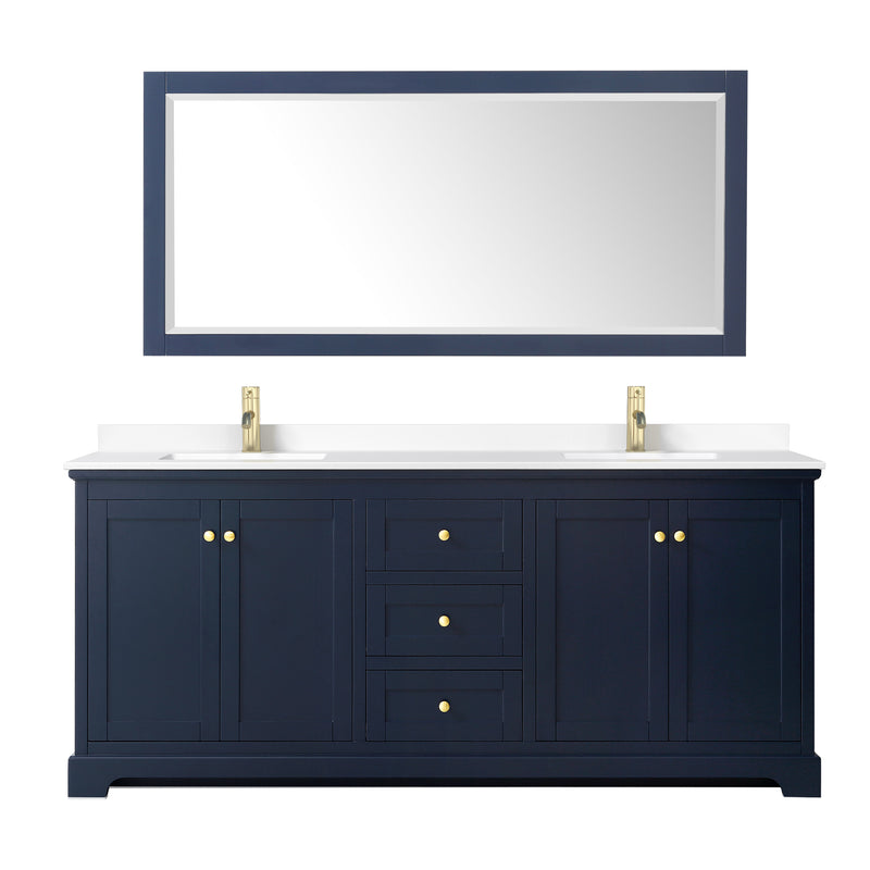 Wyndham Avery 80" Double Bathroom Vanity In Dark Blue White Cultured Marble Countertop Undermount Square Sinks and 70" Mirror WCV232380DBLWCUNSM70