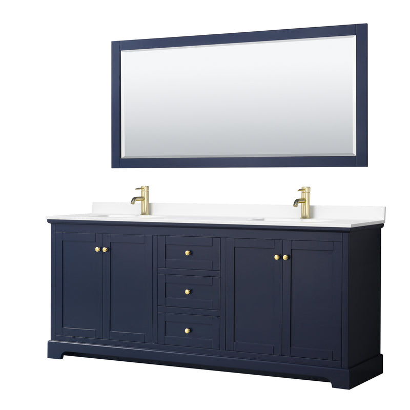 Wyndham Avery 80" Double Bathroom Vanity In Dark Blue White Cultured Marble Countertop Undermount Square Sinks And 70" Mirror WCV232380DBLWCUNSM70