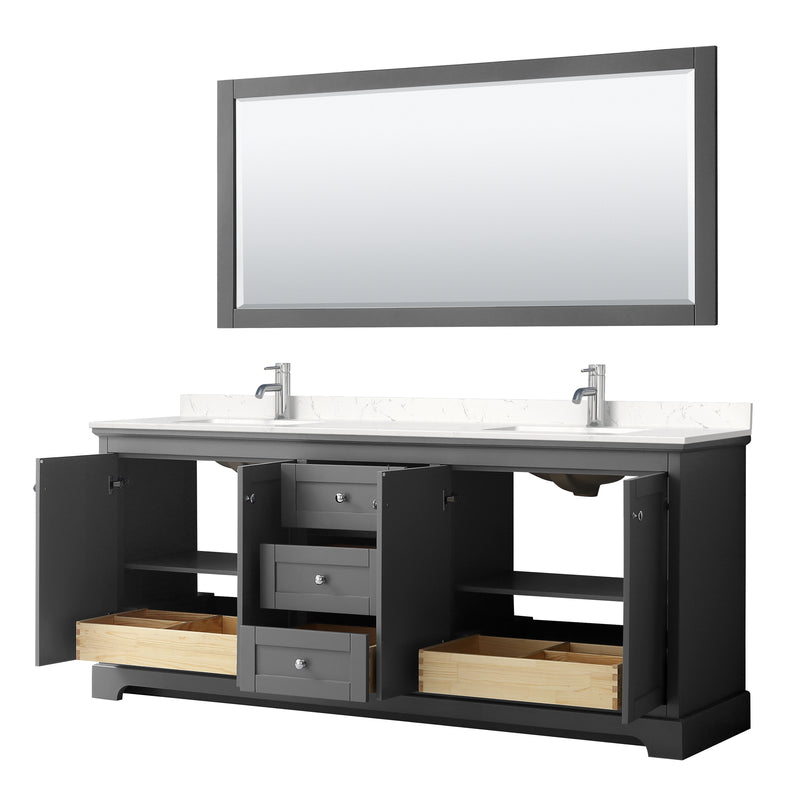 Wyndham Avery 80" Double Bathroom Vanity In Dark Gray Light-Vein Carrara Cultured Marble Countertop Undermount Square Sinks and 70" Mirror WCV232380DKGC2UNSM70