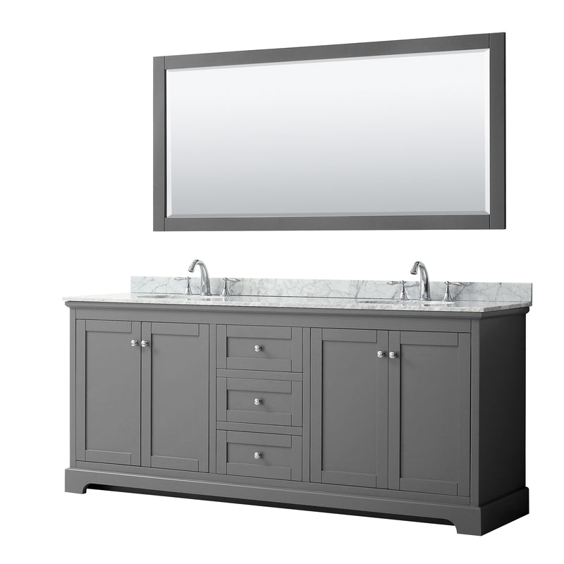 Wyndham Avery 80" Double Bathroom Vanity In Dark Gray White Carrara Marble Countertop Undermount Oval Sinks And 70" Mirror WCV232380DKGCMUNOM70