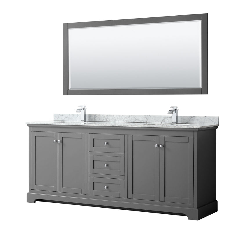 Wyndham Avery 80" Double Bathroom Vanity In Dark Gray White Carrara Marble Countertop Undermount Square Sinks And 70" Mirror WCV232380DKGCMUNSM70