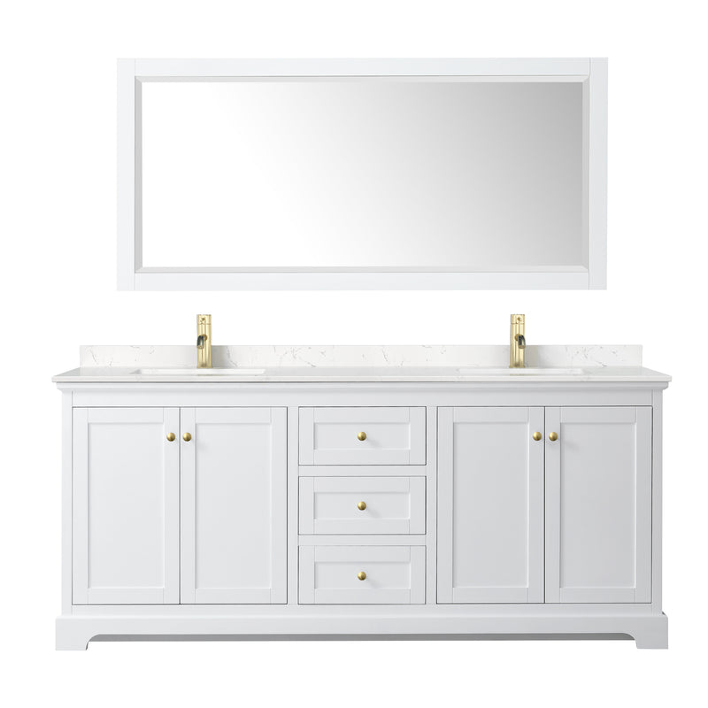 Wyndham Avery 80" Double Bathroom Vanity In White Light-Vein Carrara Cultured Marble Countertop Undermount Square Sinks Brushed Gold Trims and No Mirror WCV232380DWGC2UNSMXX