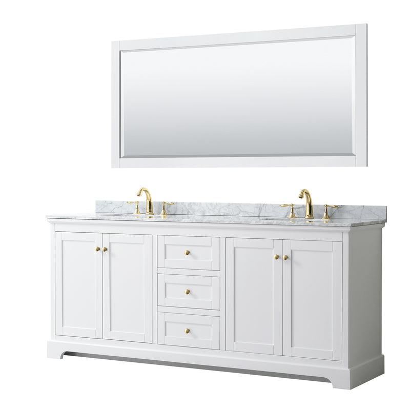 Wyndham Avery 80" Double Bathroom Vanity In White White Carrara Marble Countertop Undermount Oval Sinks Brushed Gold Trims And 70" Mirror WCV232380DWGCMUNOM70