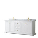 Wyndham Avery 80" Double Bathroom Vanity In White White Carrara Marble Countertop Undermount Oval Sinks Brushed Gold Trims And No Mirror WCV232380DWGCMUNOMXX