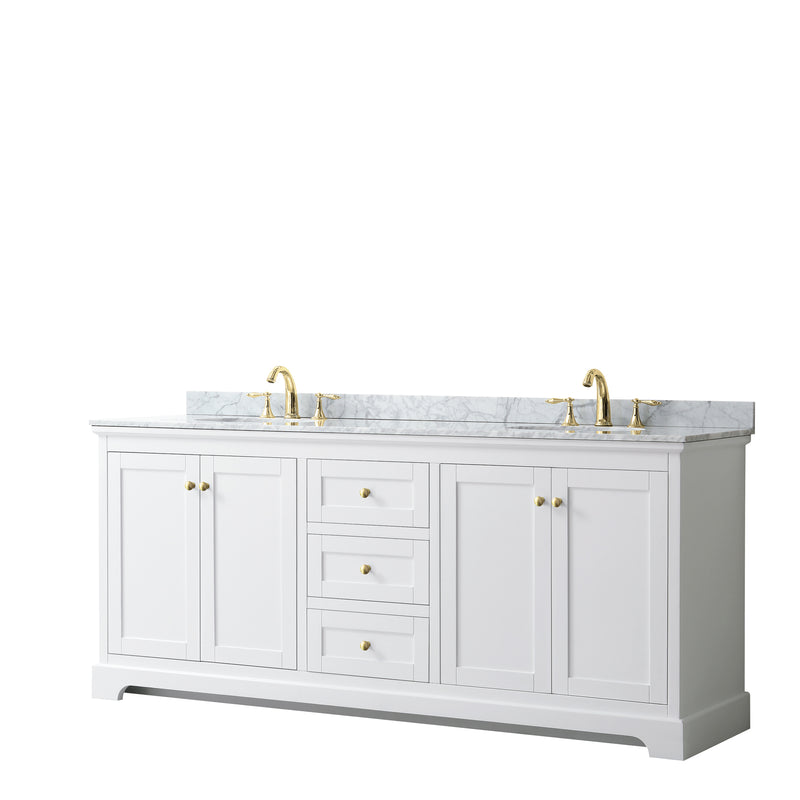 Wyndham Avery 80" Double Bathroom Vanity In White White Carrara Marble Countertop Undermount Oval Sinks Brushed Gold Trims And No Mirror WCV232380DWGCMUNOMXX