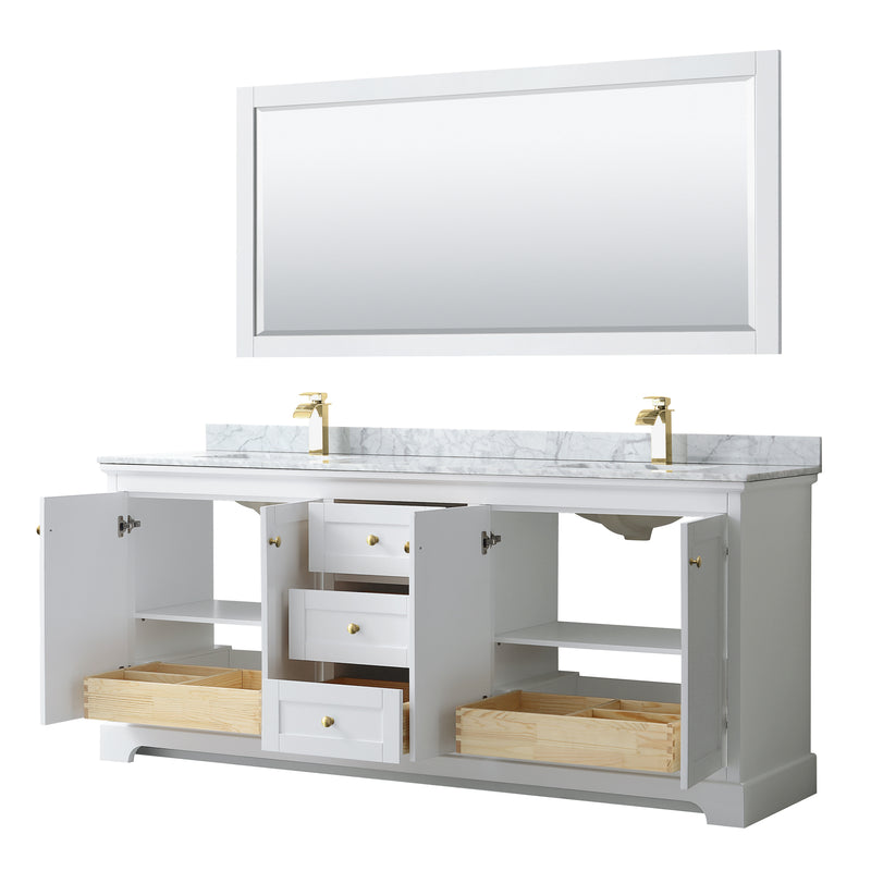 Wyndham Avery 80" Double Bathroom Vanity In White White Carrara Marble Countertop Undermount Square Sinks Brushed Gold Trims and 70" Mirror WCV232380DWGCMUNSM70