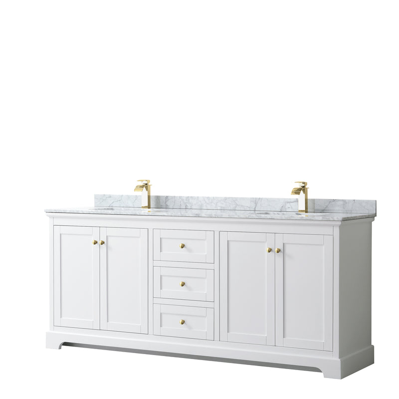 Wyndham Avery 80" Double Bathroom Vanity In White White Carrara Marble Countertop Undermount Square Sinks Brushed Gold Trims And No Mirror WCV232380DWGCMUNSMXX