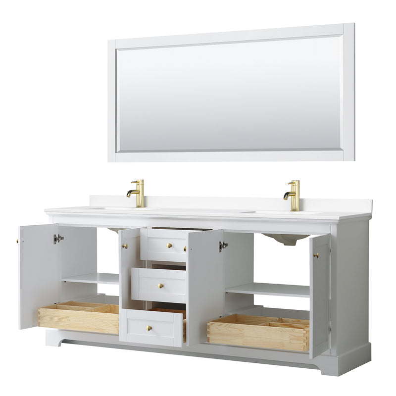 Wyndham Avery 80" Double Bathroom Vanity In White White Cultured Marble Countertop Undermount Square Sinks Brushed Gold Trims and No Mirror WCV232380DWGWCUNSMXX