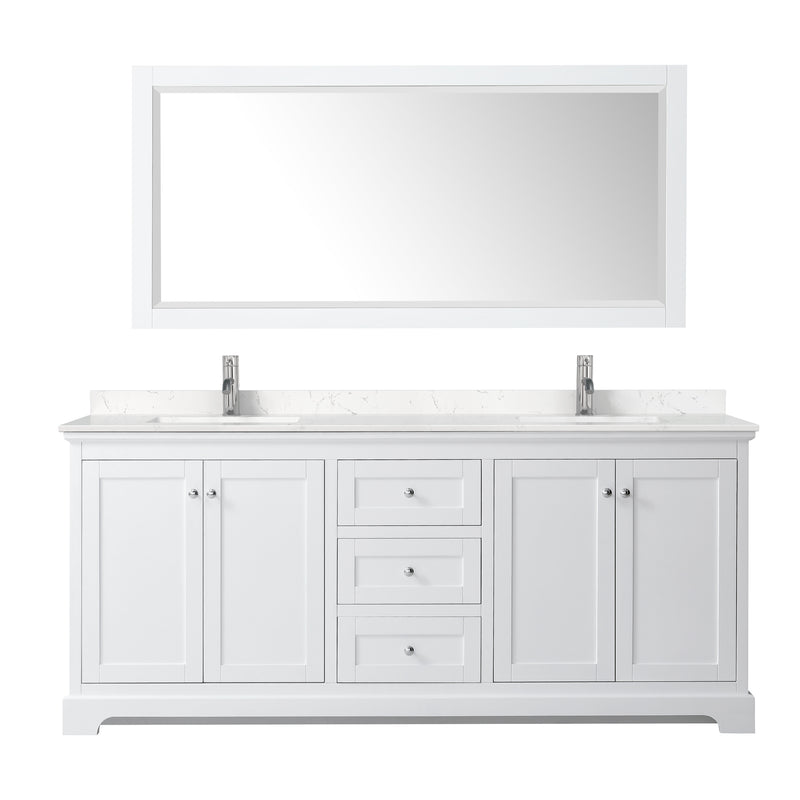 Wyndham Avery 80" Double Bathroom Vanity In White Light-Vein Carrara Cultured Marble Countertop Undermount Square Sinks and No Mirror WCV232380DWHC2UNSMXX