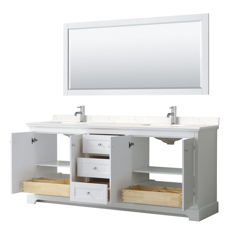 Wyndham Avery 80" Double Bathroom Vanity In White Light-Vein Carrara Cultured Marble Countertop Undermount Square Sinks and No Mirror WCV232380DWHC2UNSMXX