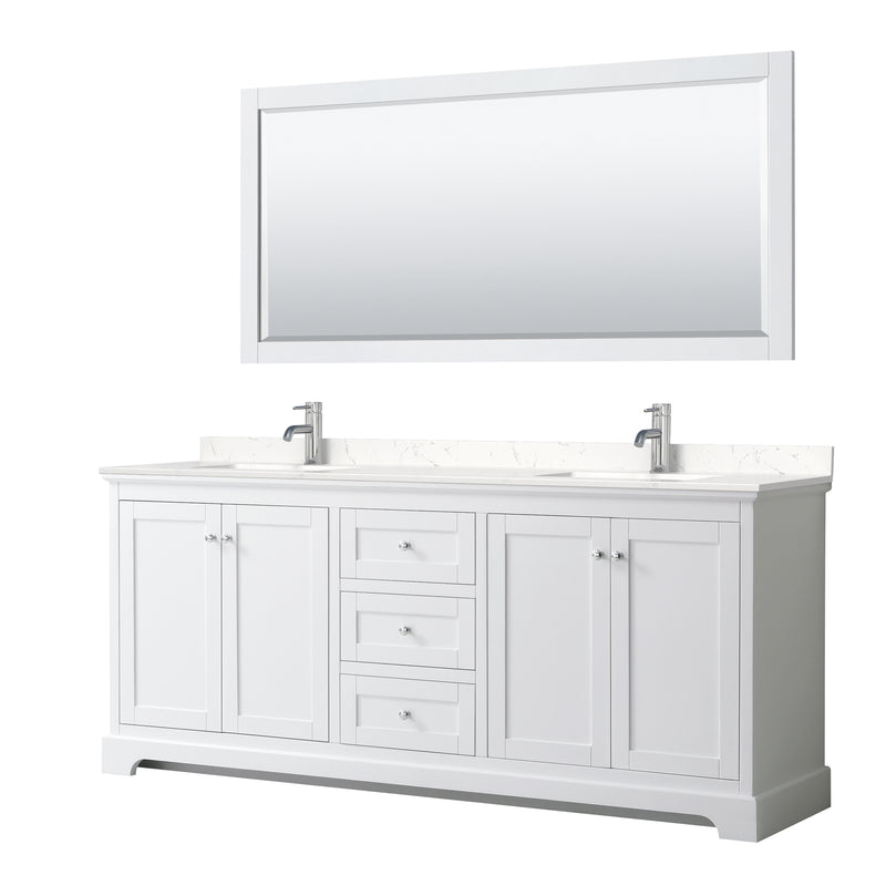 Wyndham Avery 80" Double Bathroom Vanity In White Light-Vein Carrara Cultured Marble Countertop Undermount Square Sinks And 70" Mirror WCV232380DWHC2UNSM70