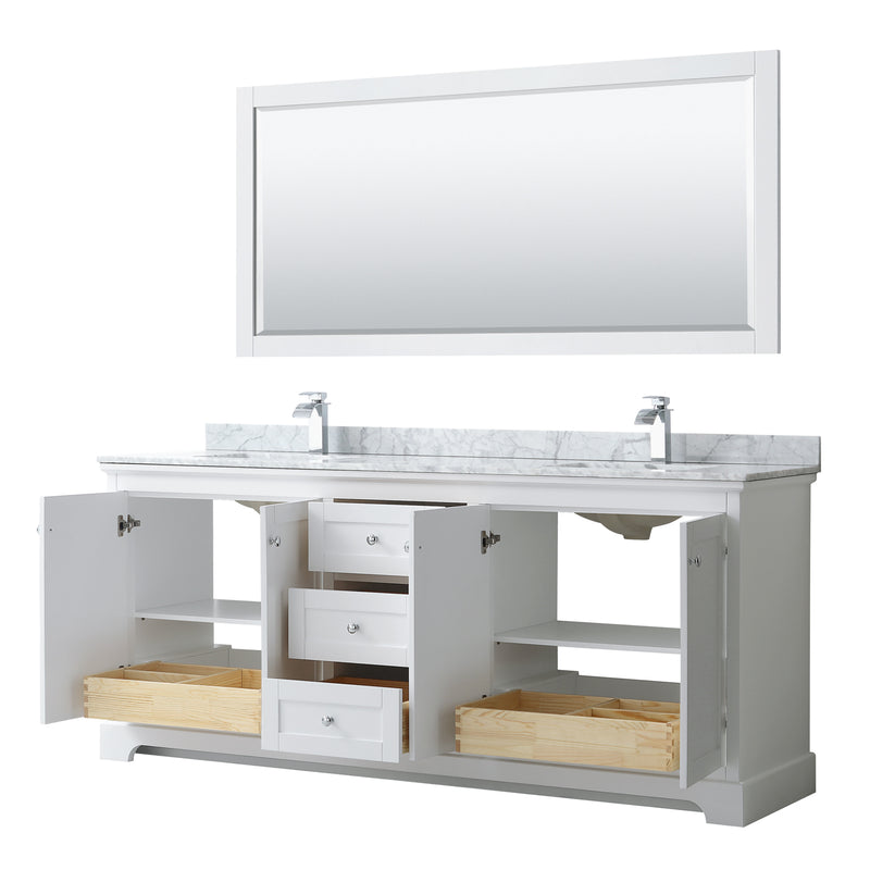 Wyndham Avery 80" Double Bathroom Vanity In White White Carrara Marble Countertop Undermount Square Sinks and 70" Mirror WCV232380DWHCMUNSM70