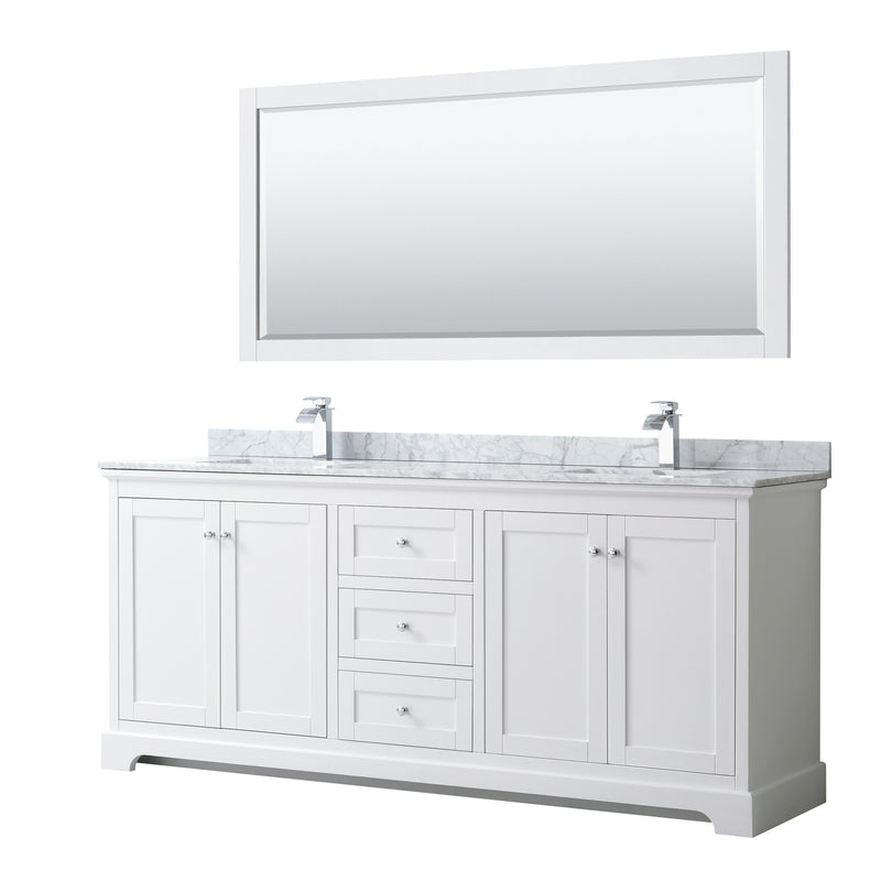 Wyndham Avery 80" Double Bathroom Vanity In White White Carrara Marble Countertop Undermount Square Sinks And 70" Mirror WCV232380DWHCMUNSM70