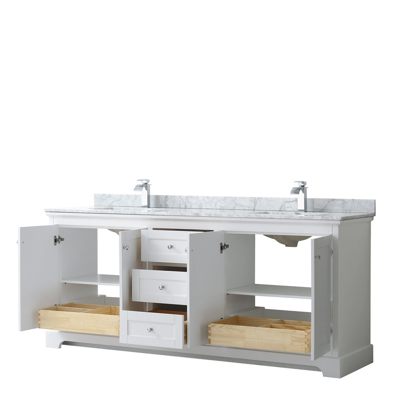 Wyndham Avery 80" Double Bathroom Vanity In White White Carrara Marble Countertop Undermount Square Sinks and No Mirror WCV232380DWHCMUNSMXX