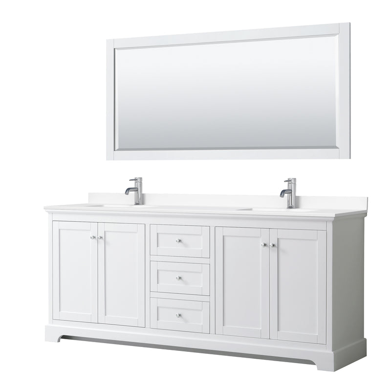 Wyndham Avery 80" Double Bathroom Vanity In White White Cultured Marble Countertop Undermount Square Sinks And 70" Mirror WCV232380DWHWCUNSM70