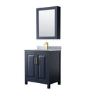 Wyndham Daria 30" Single Bathroom Vanity In Dark Blue White Carrara Marble Countertop Undermount Square Sink And Medicine Cabinet WCV252530SBLCMUNSMED