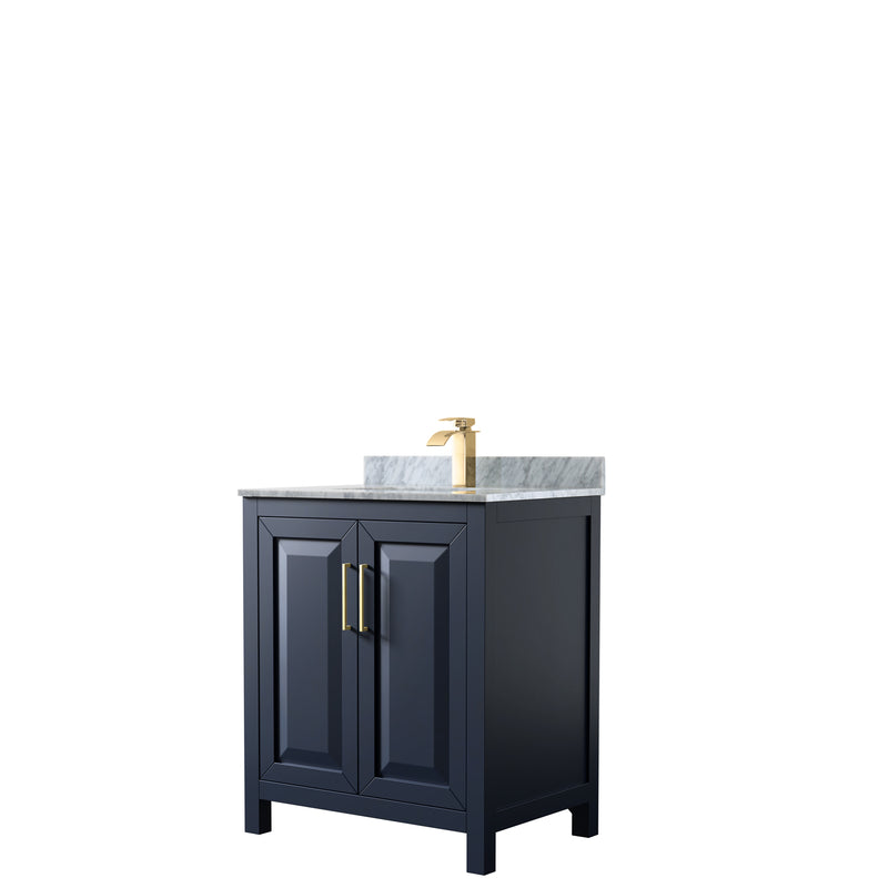 Wyndham Daria 30" Single Bathroom Vanity In Dark Blue White Carrara Marble Countertop Undermount Square Sink And No Mirror WCV252530SBLCMUNSMXX