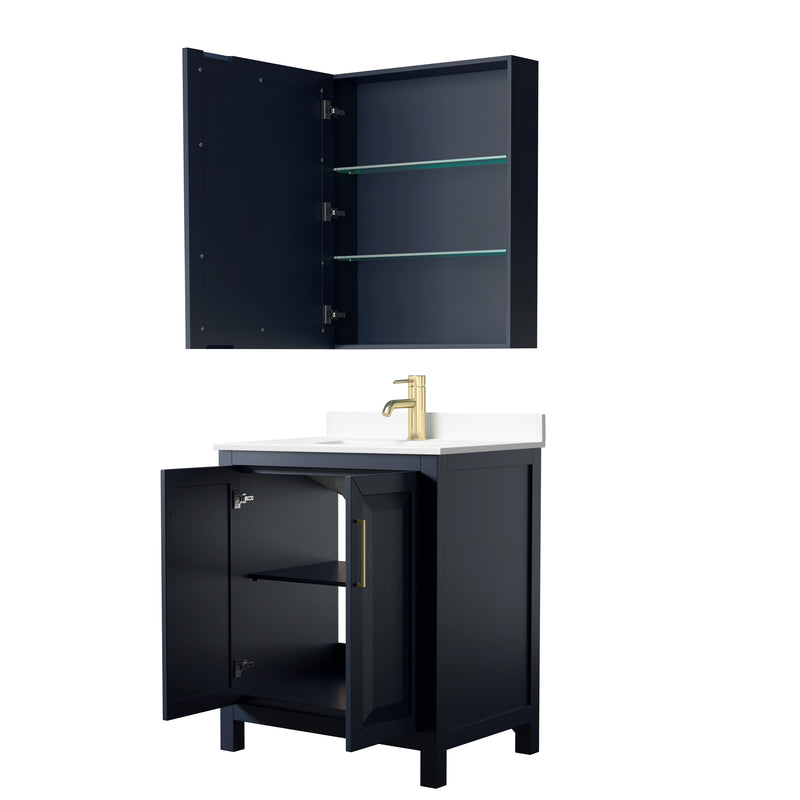 Wyndham Daria 30" Single Bathroom Vanity In Dark Blue White Cultured Marble Countertop Undermount Square Sink and Medicine Cabinet WCV252530SBLWCUNSMED